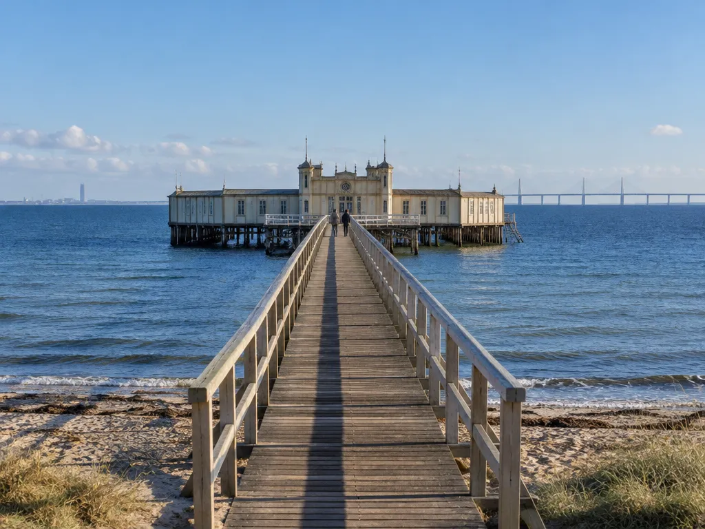 Långa träbryggor och ett kallbadhus i havet utanför en sandstrand i Malmö en klar höstdag, med bron över Öresund i fjärran