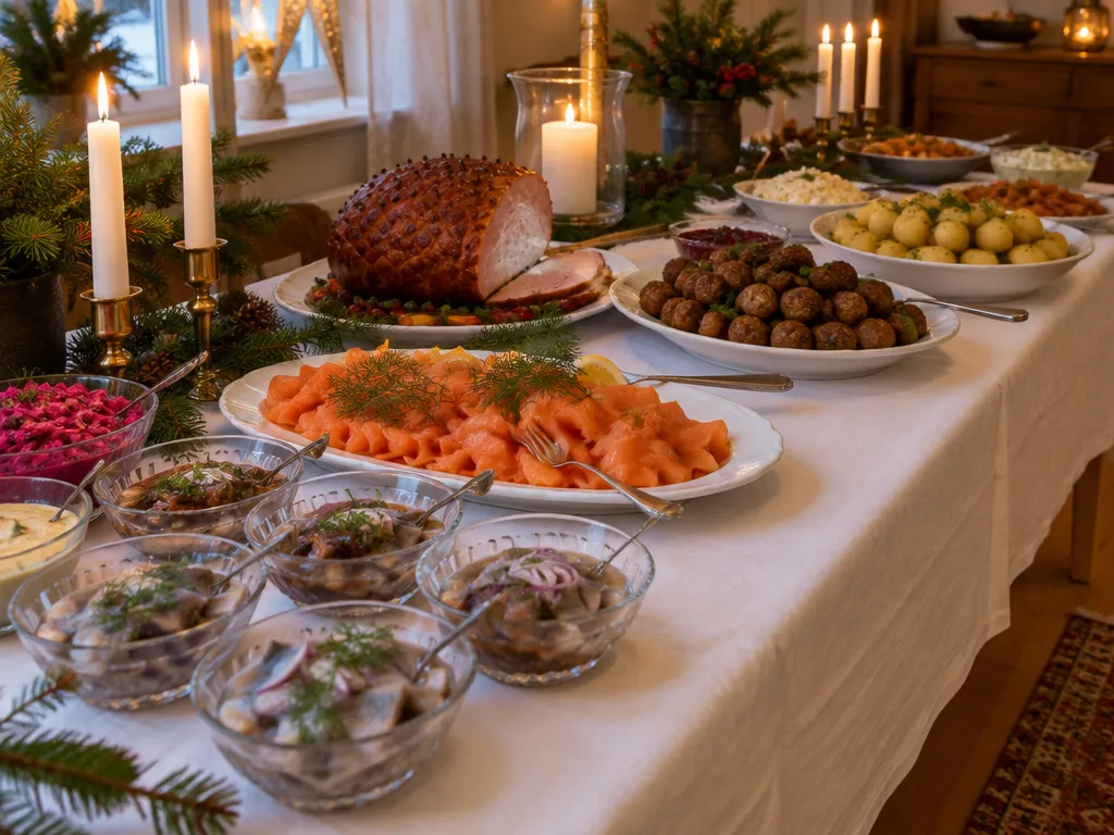 Julbord med sill, lax, skinka och köttbullar på vita fat, levande ljus och granris på en lång duk