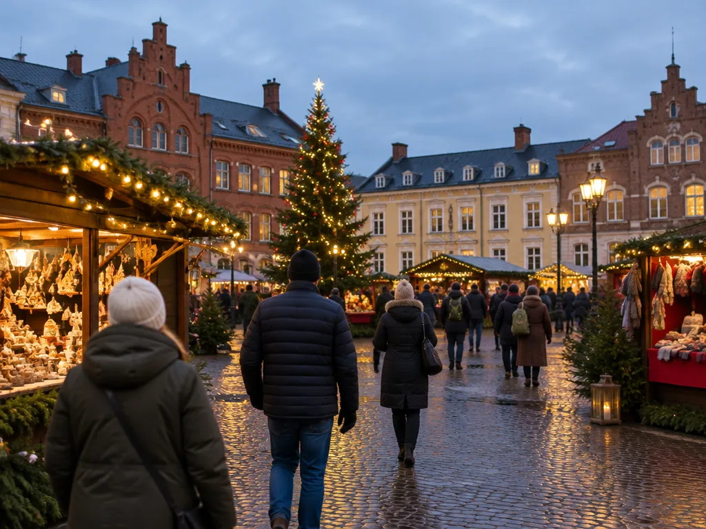 Julmarknad på ett stadstorg i skymningen med upplysta stånd, ljusslingor och gran