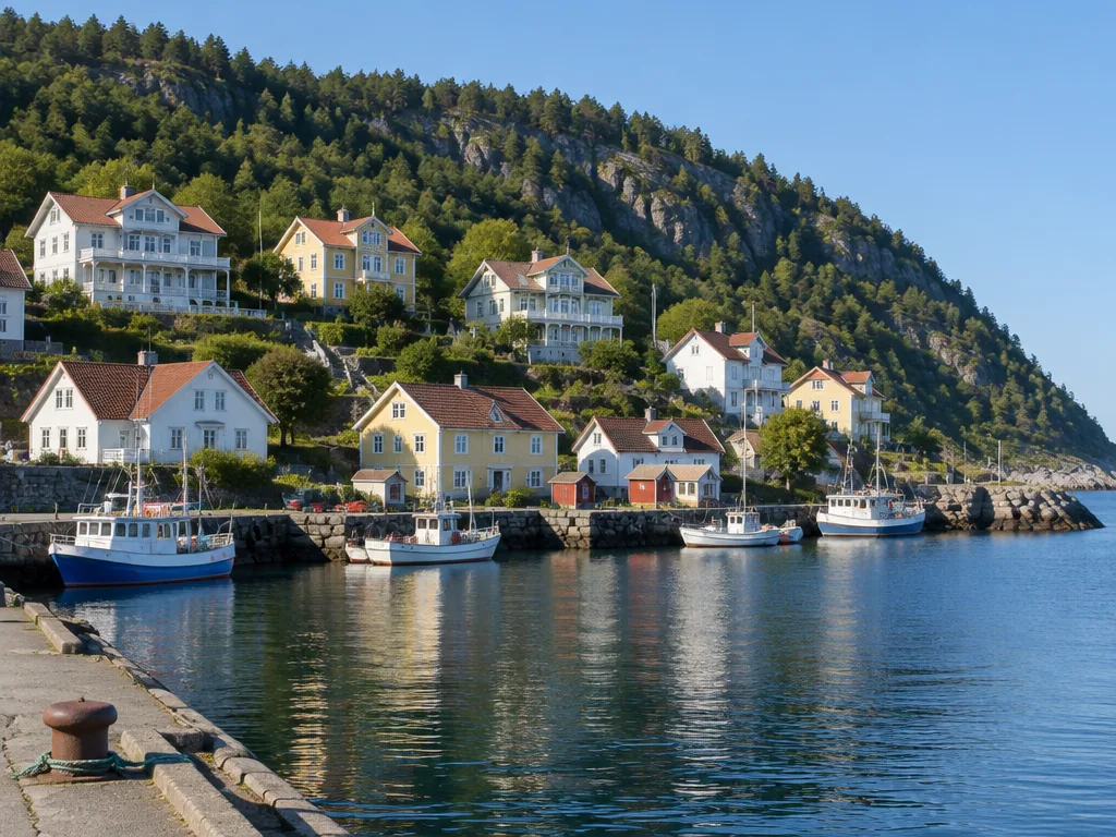 Ljusa trävillor och fiskebåtar i en liten stenhamn under en brant skogsklädd bergsrygg