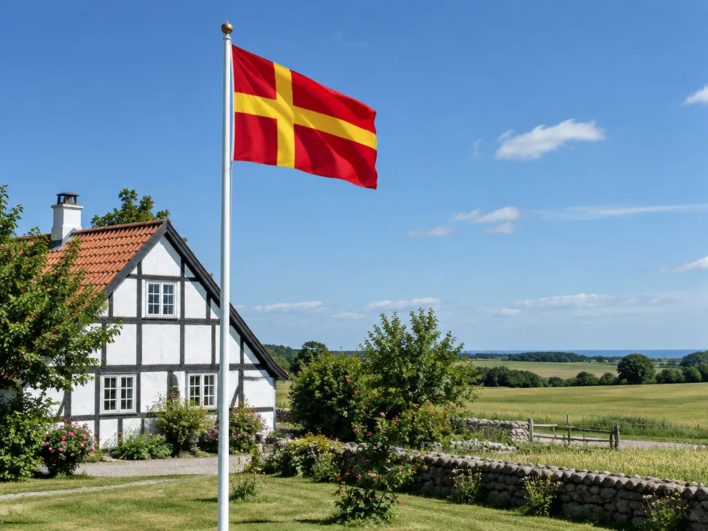 Röd flagga med gult kors som vajar på en flaggstång framför en skånsk gård och åkrar