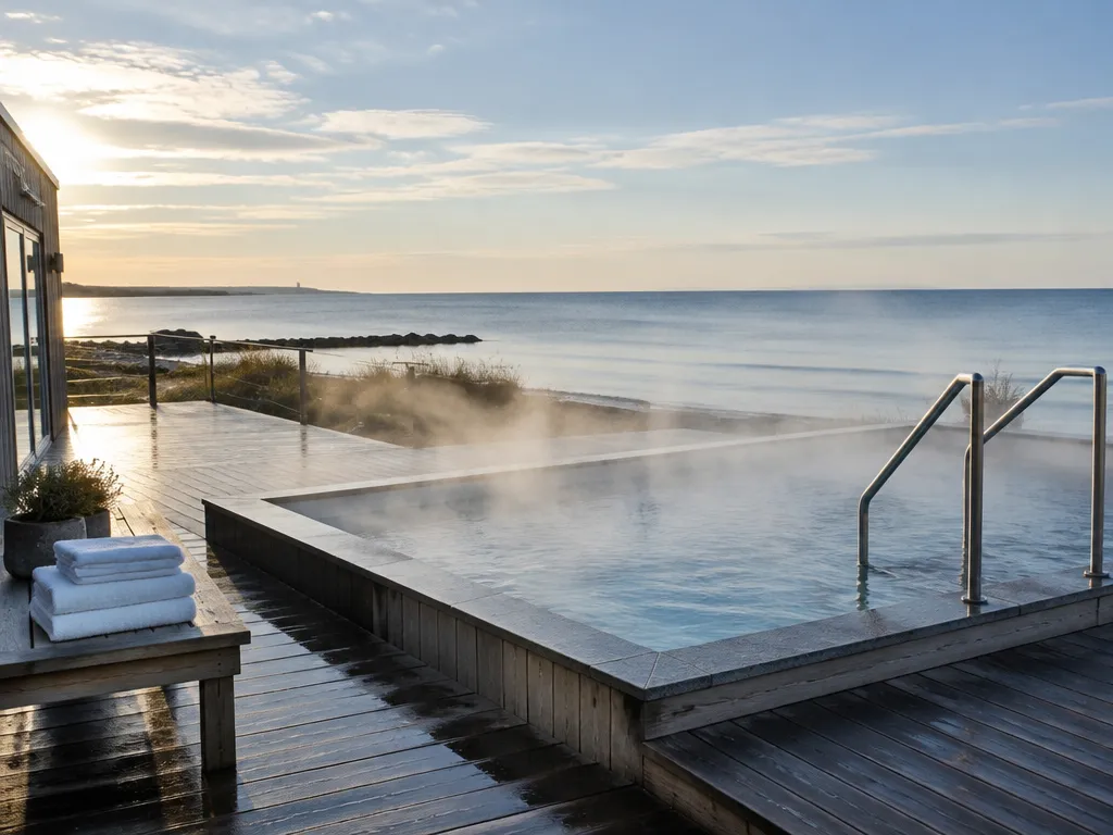 Ångande utomhuspool på ett trädäck vid havet en tidig morgon, med vita handdukar på en bänk