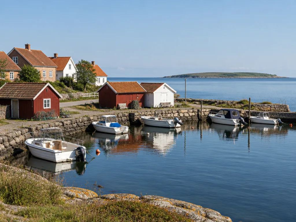 Liten fiskehamn med stenpir, fiskebodar och småbåtar, med en låg ö vid horisonten