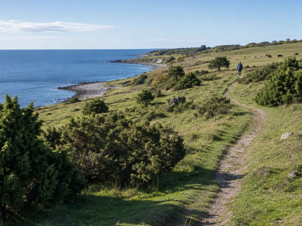 Vandringsstig genom betade kustbackar med utsikt över havet i Skåne en klar höstdag